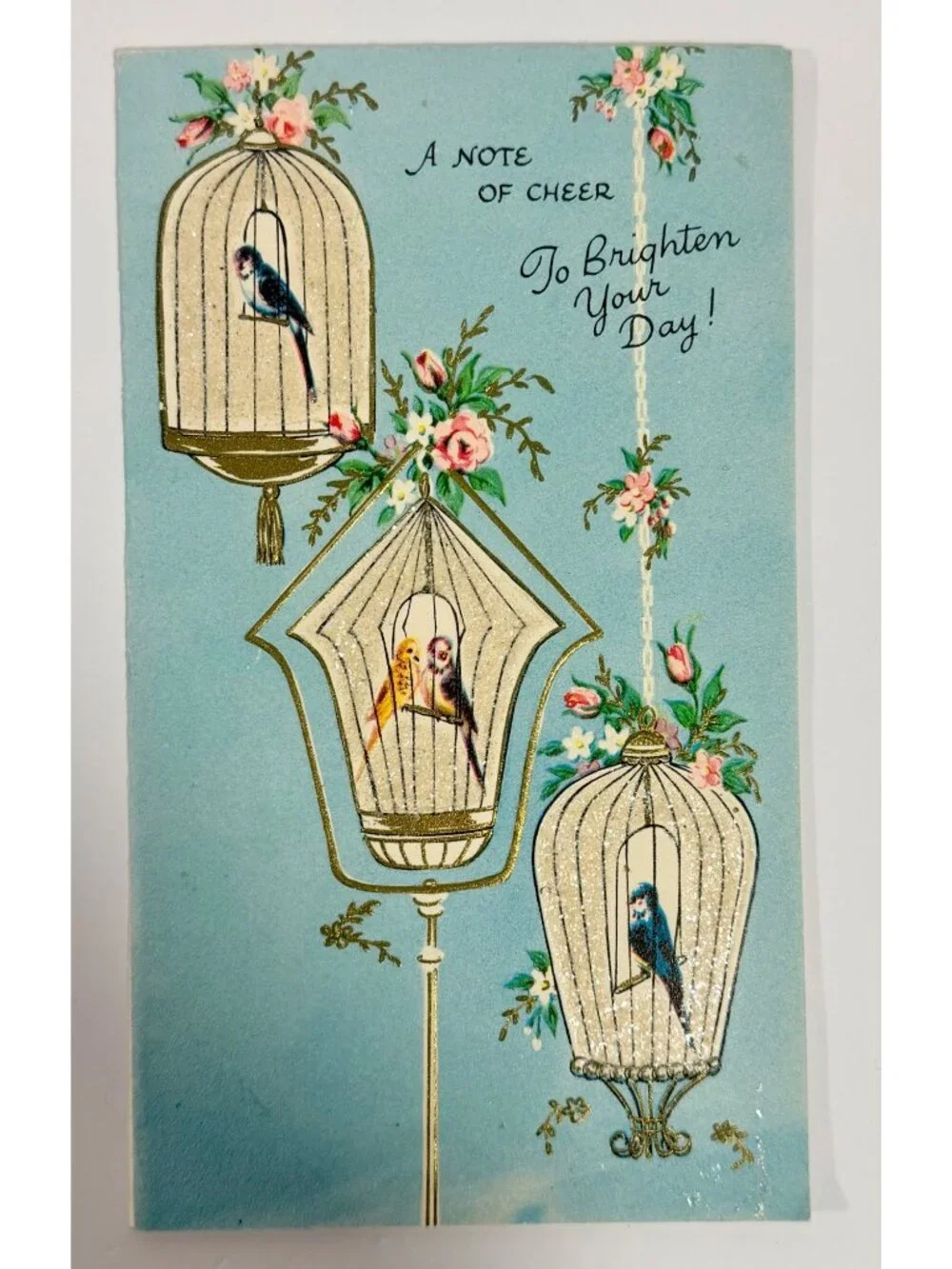 Vintage Pollyanna Greeting Card With Birdcage Design Glitter Accents Paper Ephem